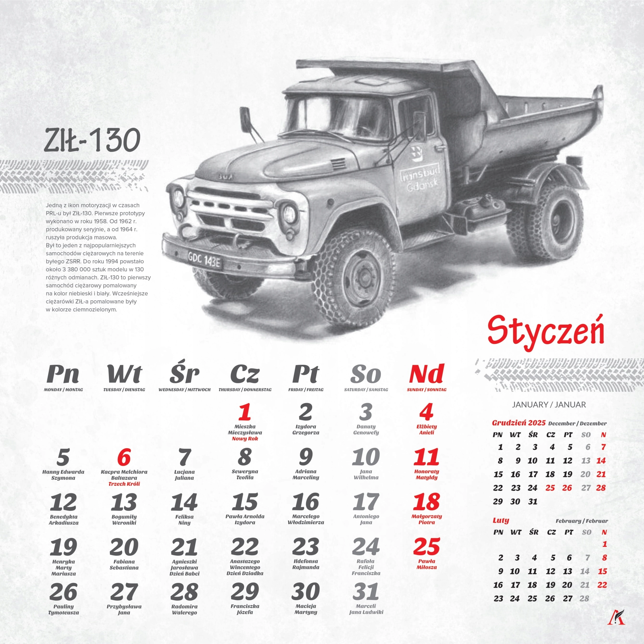 Kalendarz ścienny Pojazdy PRL-u 2026 Maluch 33x33cm Auta Nysa Fiat WSK-a - Książki