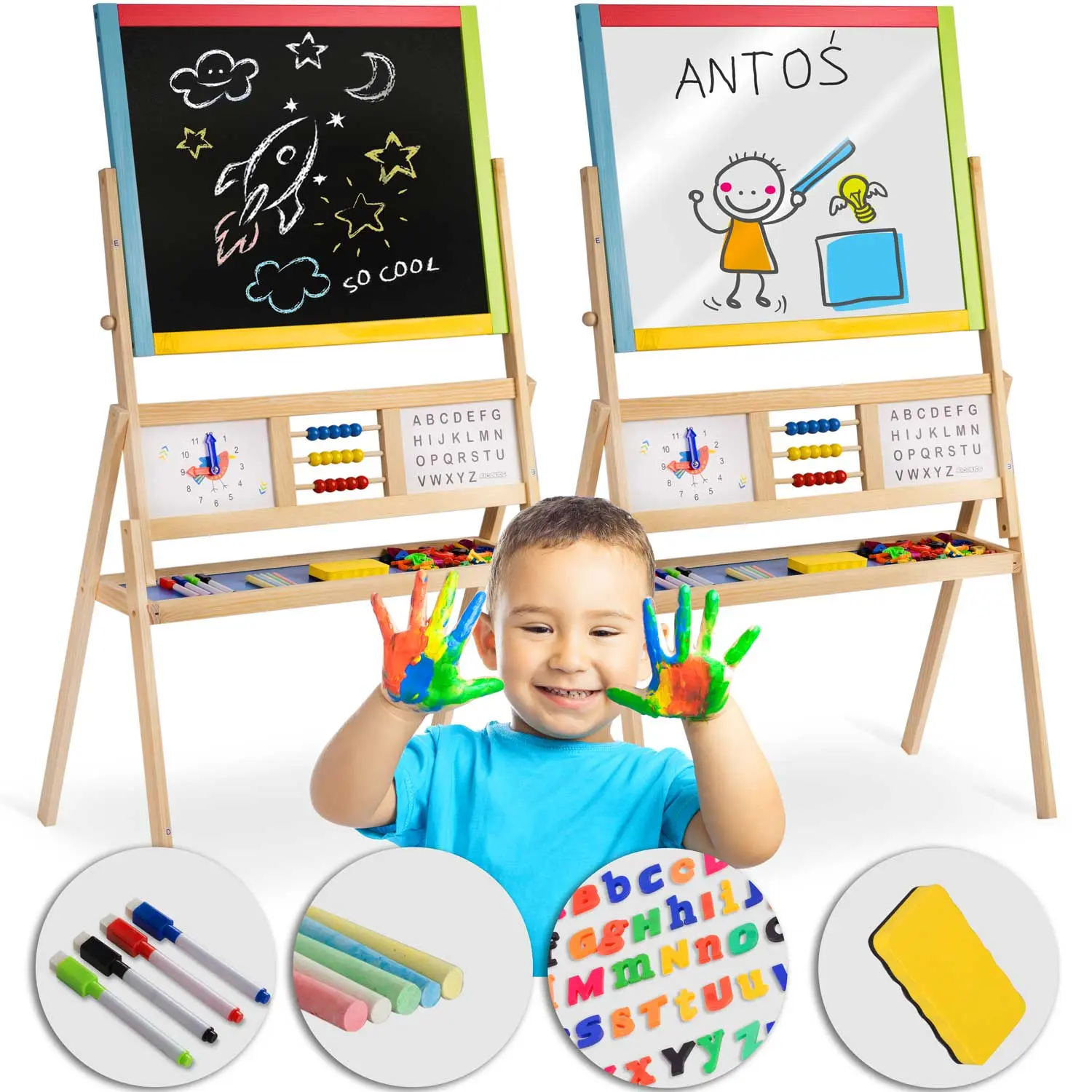 Duża magnetyczna kredowa tablica obrotowa z zegarem Ricokids - wielokolorowa - Zabawki