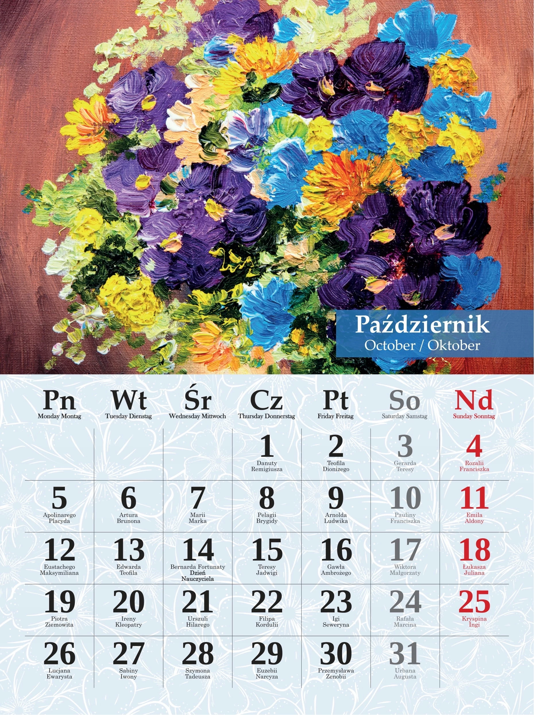Kalendarz ścienny 2026 Bukiety Malowane 23x31cm kwiaty imieniny - Książki