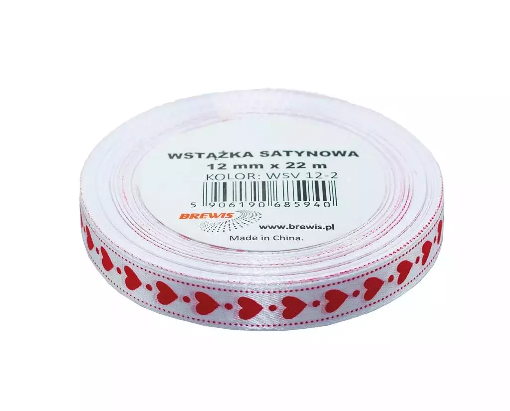 Wstążka satynowa serca biała 12mmx22m - Papiernicze i szkolne