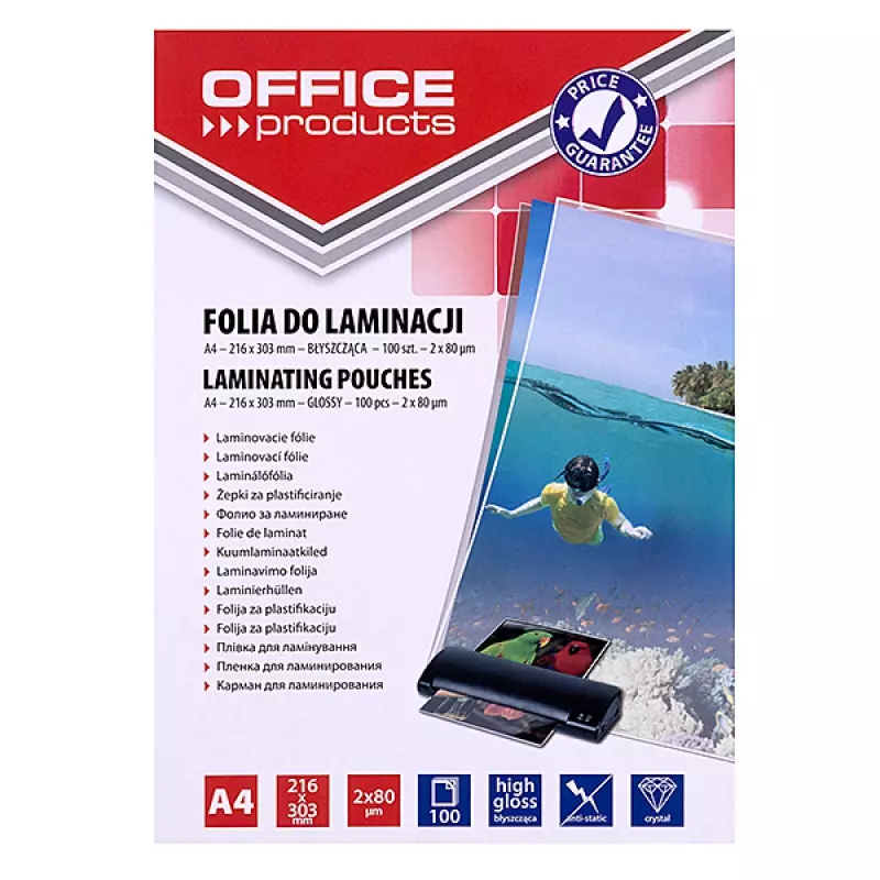 Folia do laminowania A4 Office Products 2x80mikr błyszcząca 100szt. transparentna - Papiernicze