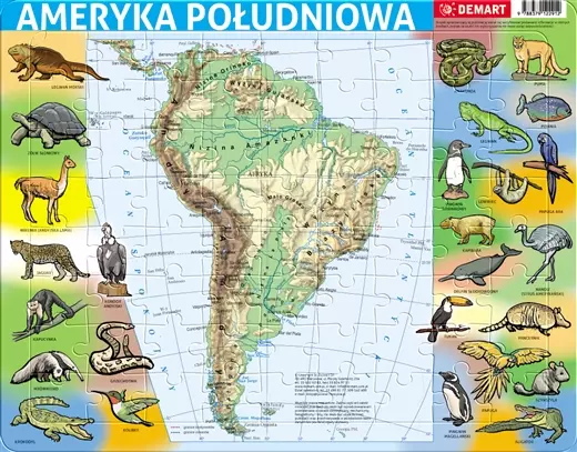 Puzzle 72 elementy ramkowe, Ameryka Południowa mapa fizyczna - Puzzle