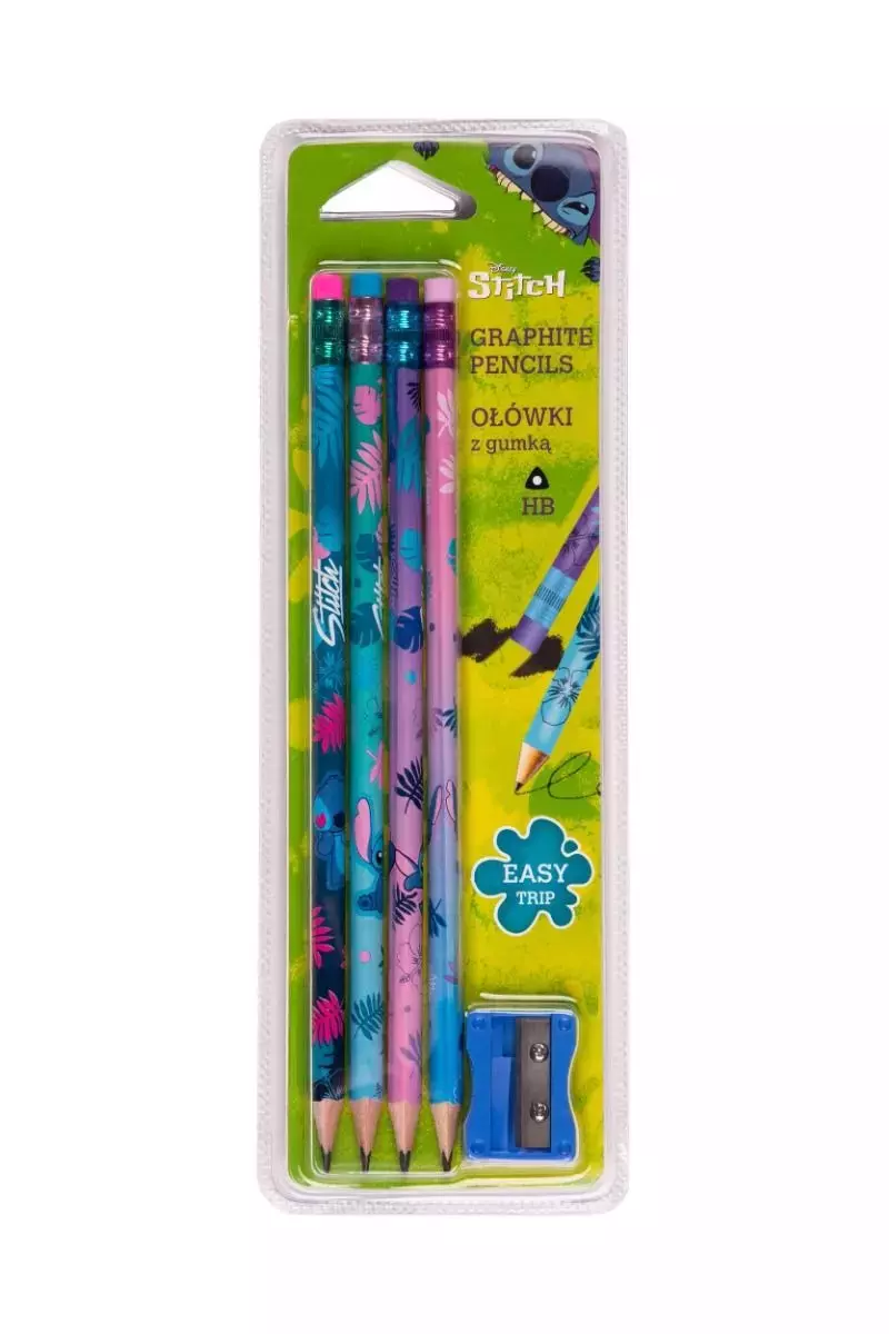 Ołówki trójkątne z gumką temperówka Disney Core Stitch blister 4 szt. - Papiernicze i szkolne
