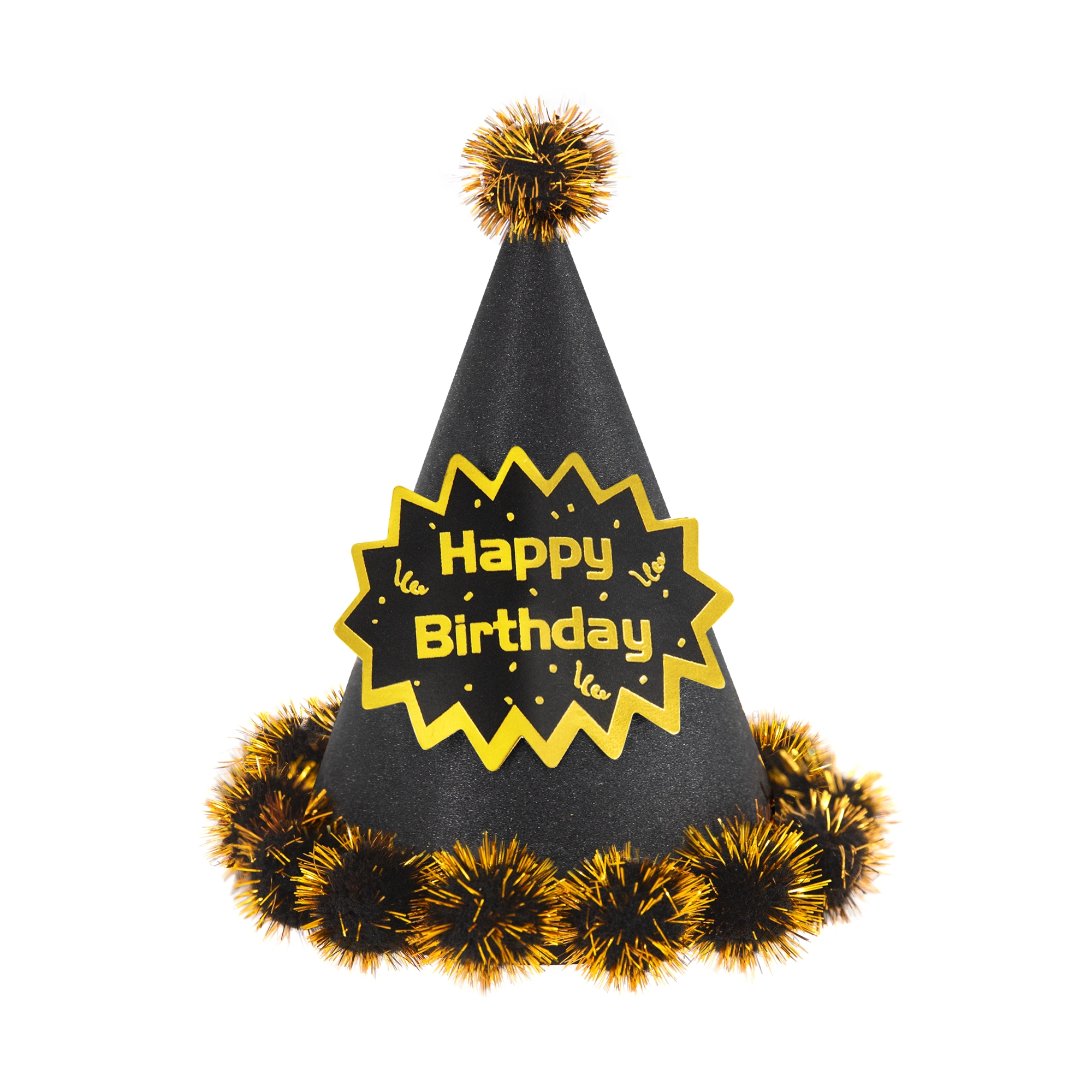 Czapeczka urodzinowa z pomponami Happy Birthday brokatowa czarno-złota 1 szt. - Impreza