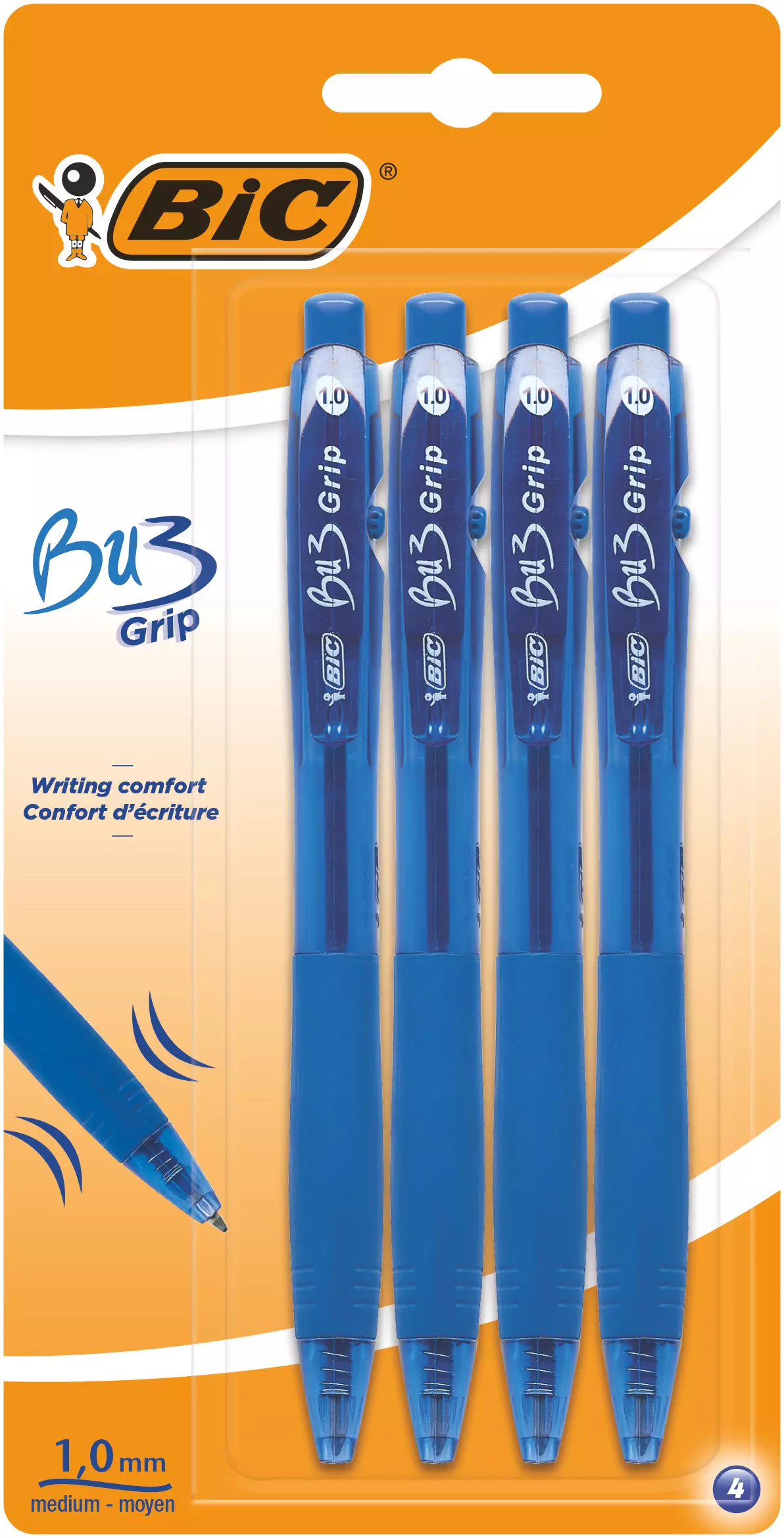 Długopis niebieski BIC Bu3 Grip 4szt blister - Papiernicze i szkolne