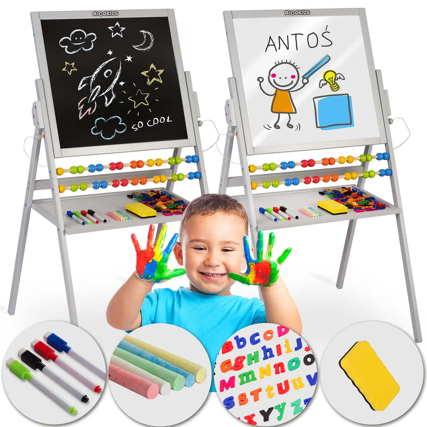 Magnetyczna kredowa tablica obrotowa Ricokids - szara - Zabawki