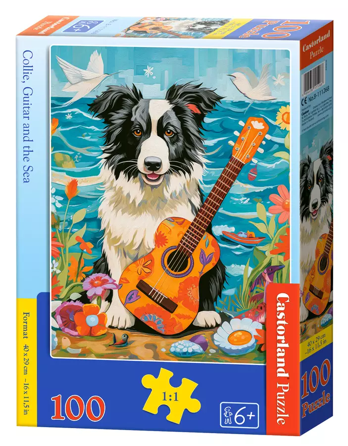Puzzle 100 elementów. Collie z gitarą nad morzem - Puzzle