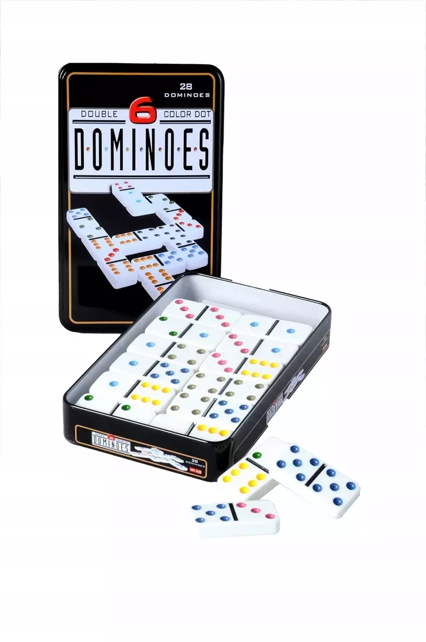 Domino Double 6 w metalowym pudełku - 28 kamieni z kolorowymi oczkami - Gry