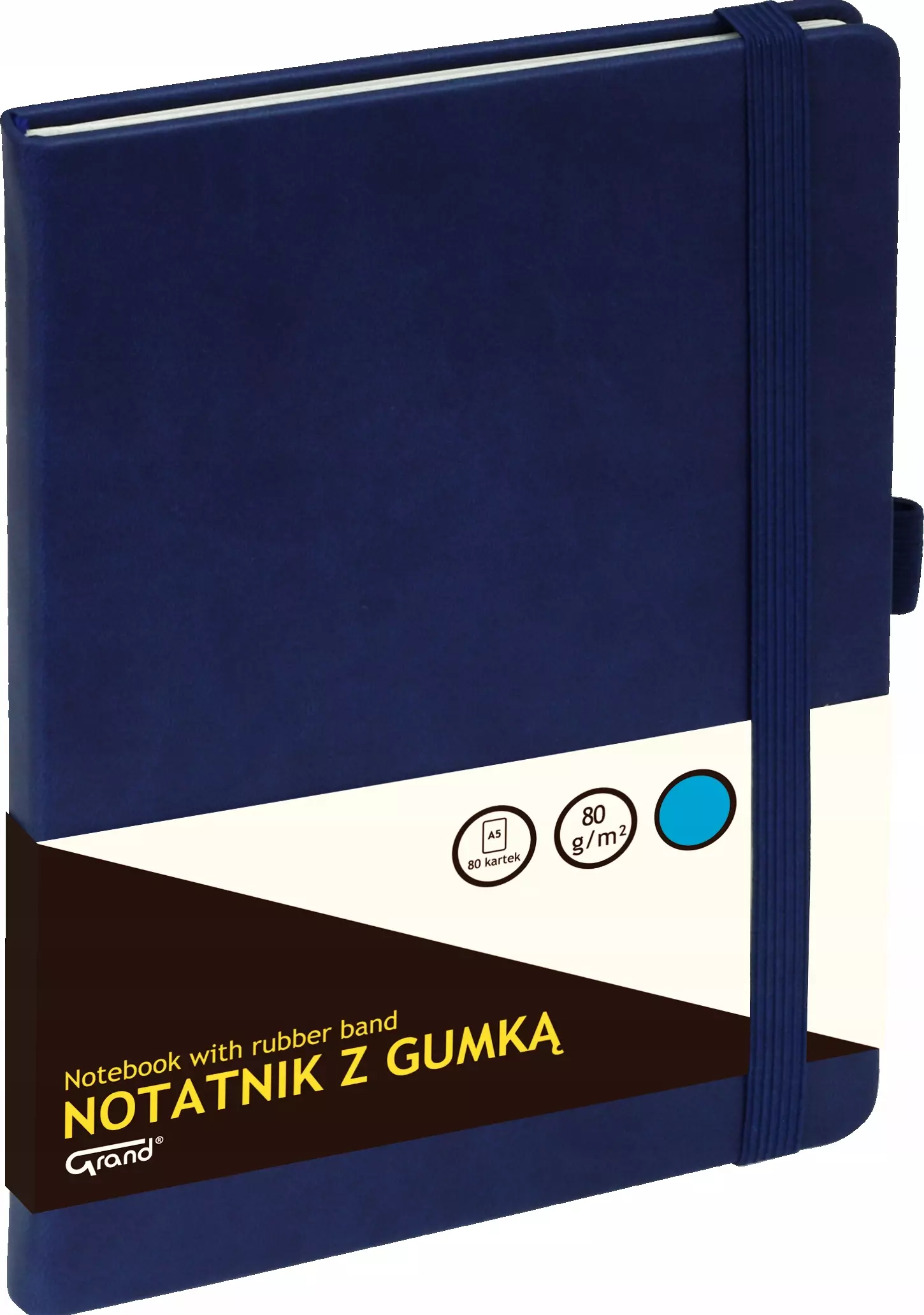 Notatnik A5/80K kratka z gumką granatowy GRAND - Książki