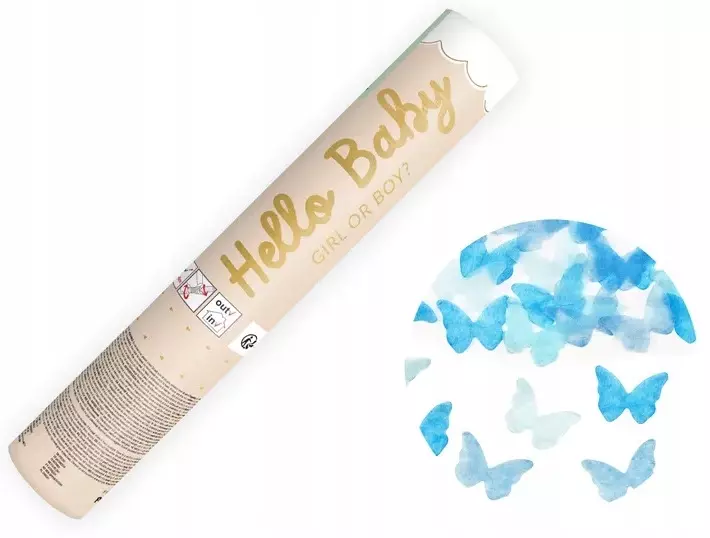 Tuba Strzelająca Armatka Konfetti BOY Niebieskie Motylki Baby Shower 20cm - Impreza