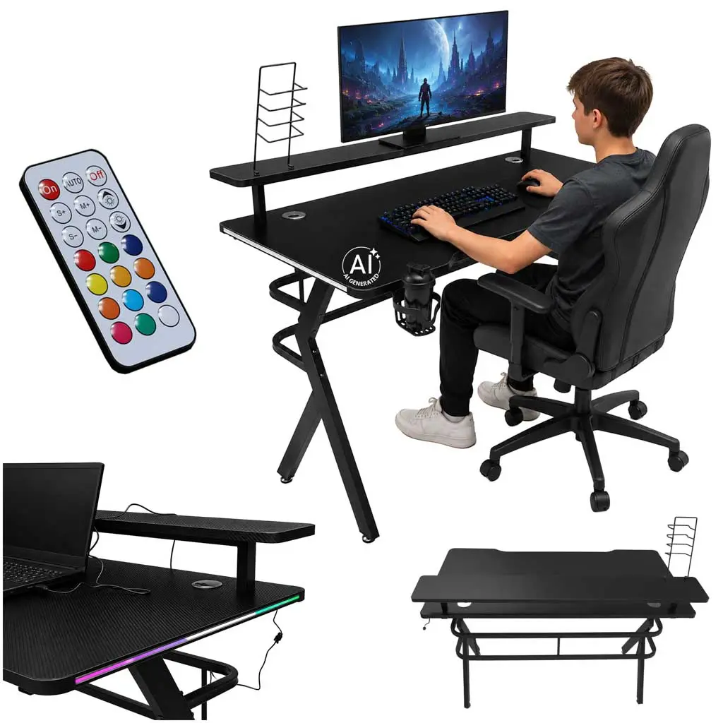 Biurko gamingowe z nadstawką LED RGB uchwyty komputerowe dla gracza 120x60cm - Elektronika i akcesoria
