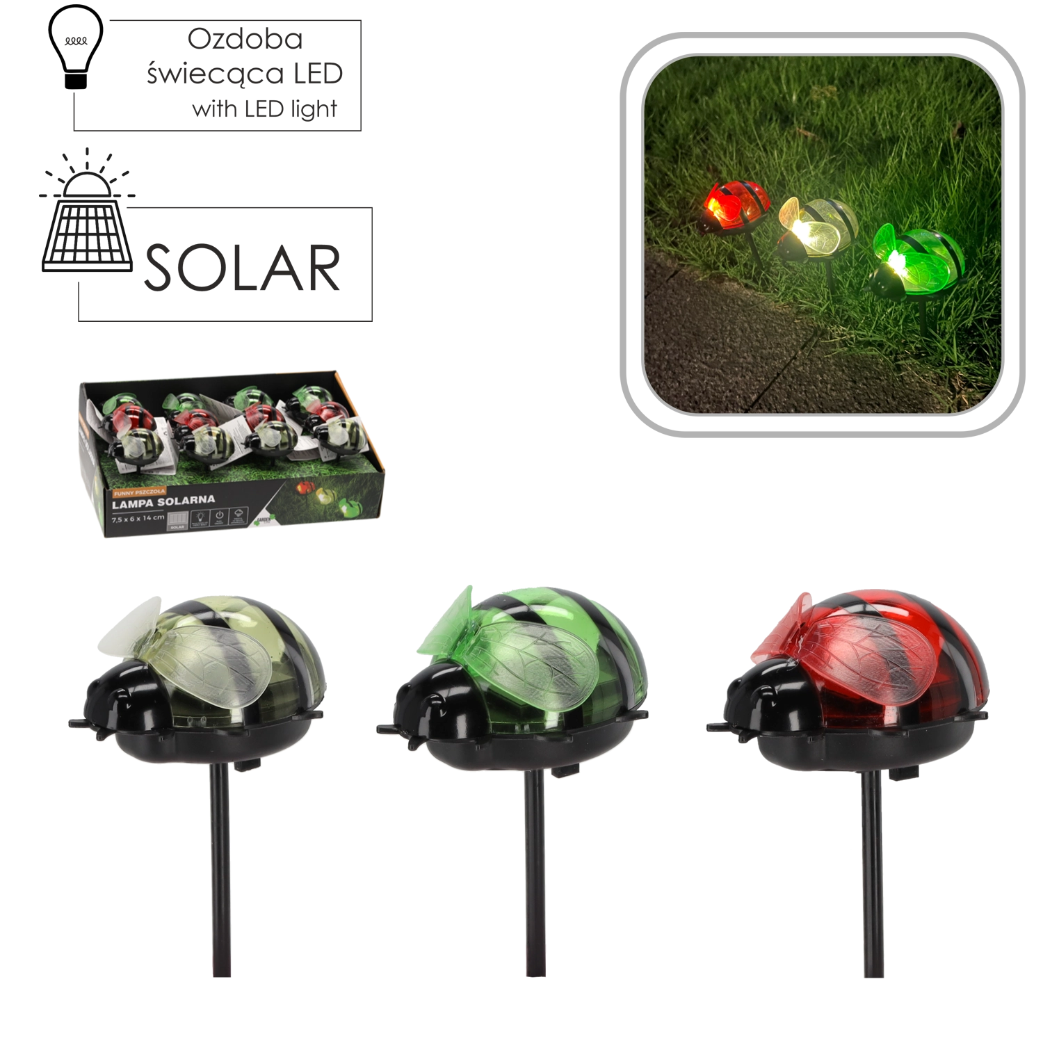 Lampa Solarna Funny Pszczoła 7,5 x 6 x 14 cm Ciepły Biały Disp=12Szt, pakiet 12 sztuk - Elektronika i akcesoria
