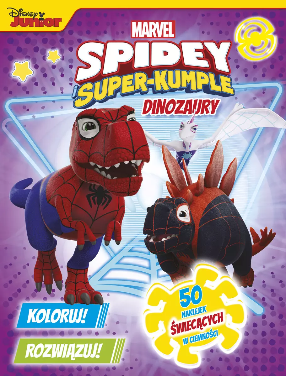 Dinozaury. Marvel Spidey i Super-kumple. Koloruj! Rozwiązuj! 50 naklejek świecących w ciemności - Książki